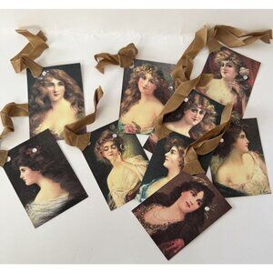 Lot of 9 Victorian Vintage-Style Gift Tags 2x3” Ribbon & Rhinestone NOS
